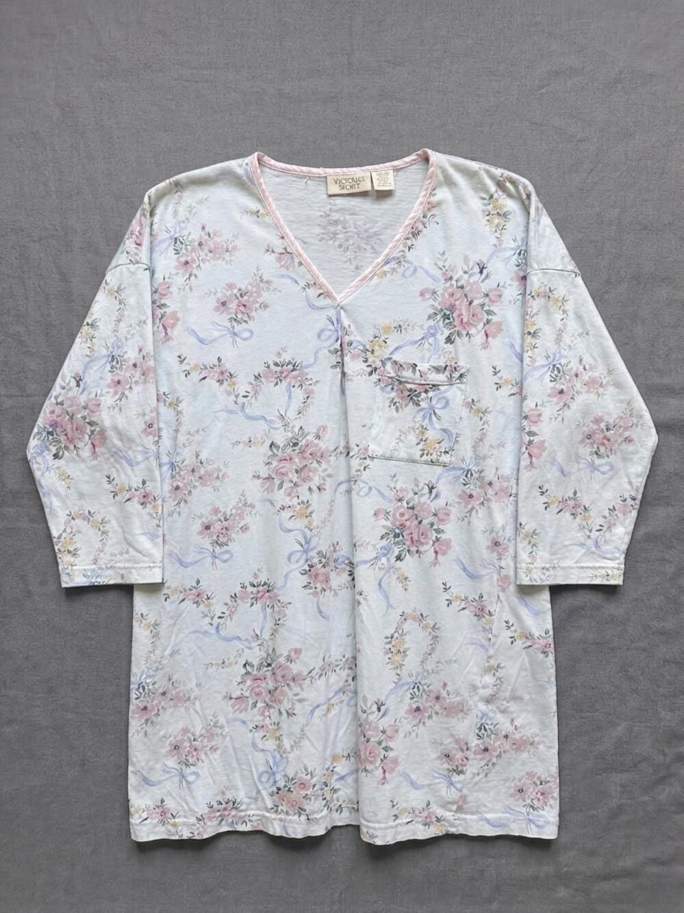 Vintage Victoria's Secret Floral Nightgown Cotton Sleepshirt Satin Trim Size M/L